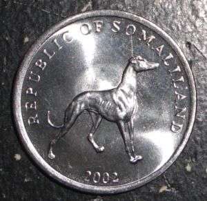 2002 Somaliland 20 shillings Greyhound dog animal coin  