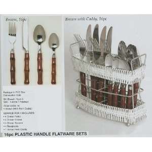 16pc Bamboo Plastic Handle Stainless Steel Faltware Set w/Fern Caddy 