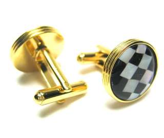 New Gold Round Mosaic Checkerboard Onyx & MOP Cufflinks  