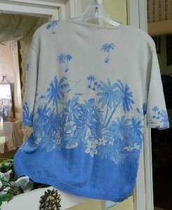 Christopher Banks Sweater L Khaki Blue Tropical Palms  