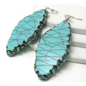 Turquoise Color Agate Slabs Wire Wrapped Silvertone Hook 