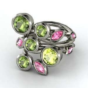 Single Finger Vine Ring, Round Peridot Sterling Silver Ring with Pink 