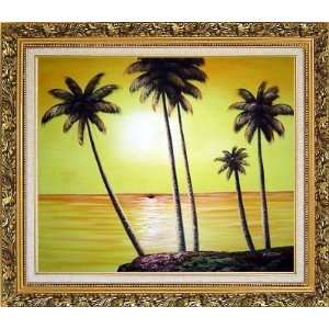 Beachside Palm Trees Under Golden Sunset Oil Painting, with Ornate 