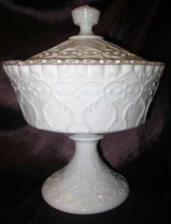 Fenton Silver Cres Spanish Lace Milk Glass Lid Compote  