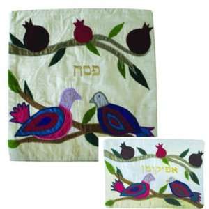  Raw Silk Matzah Cover Set   Birds Silver