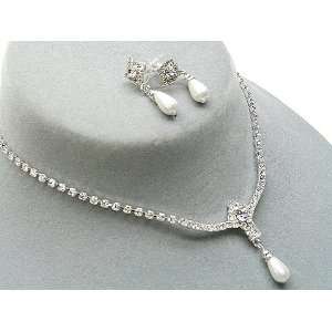 Bridal Jewelry Set Austrian Crystal Rhinestone Pearl Necklace Earrings