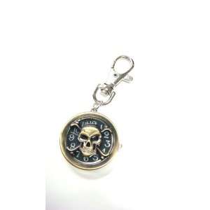 Silver Stainless Pocket Key Chain Mini Clock Skull and Cross Bones 