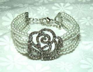 Rhinestone Crystal Rose Pearl Four Strand Bracelet  