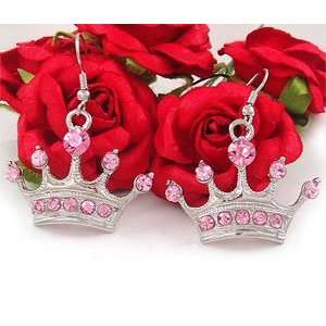  Pink Rhinestone Crown Tiara Dangle Earrings e382 