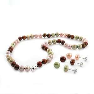  DaVonna Silver FW Multicolor Pearl Necklace/ Earring Set 