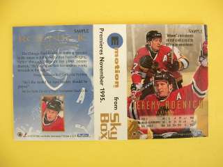  is a 1995 Emotion promotion card from SkyBox of NHLs Jeremy Roenick 