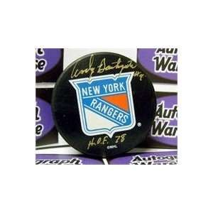 Andy Bathgate autographed New York Rangers Hockey Puck inscribed HOF 