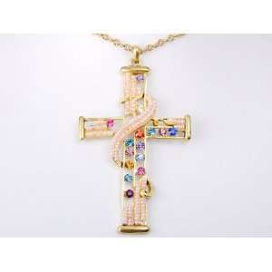   Multi Colored Crystal Rhinestone Swirl Beaded Holy Cross Holy Necklace