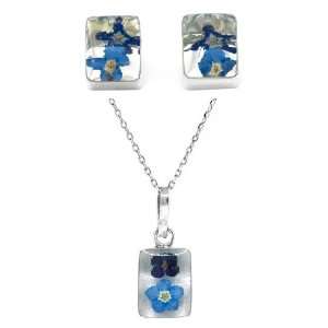   Pressed Flower Square Earrings and Matching Pendant Set, 16 Jewelry