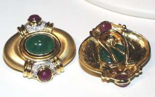 Vintage 80s LARGE Emerald Ruby Diamond Gold Earrings  