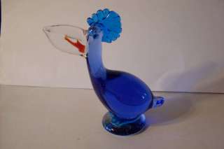LARGE BLUE/CLEAR GLASS PELICAN WITH FISH IN MOUTH  