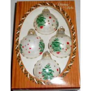  Krebs White with Tree Motif Glass Christmas Ornaments, Set 