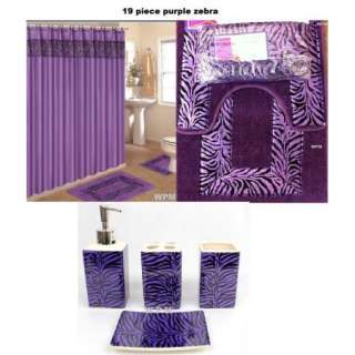   Bath Accessory Set PURPLE zebra animal print rugs shower curtain rings