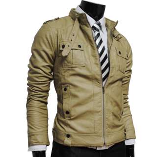 JK7061) Mens luxury strap pocket slim leather jacket  
