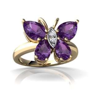  14K Yellow Gold Pear Genuine Amethyst Butterfly Ring Size 