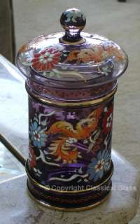 Signed Royo Amethyst Enamel Floral Decorated Short Straw Jar  