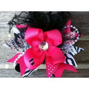  Pearls and Feathers Hot Pink Black Hair Bow Beauty