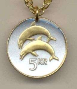 Gold on Silver Coin Iceland 5 kronur 2 Dolphin Necklace  