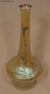 Large Beautiful Silver Overlay Antique Loetz Art Glass Iridescent Vase 