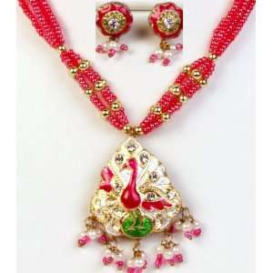  Magenta Meenakari Necklace and Earrings Set with Peacock 