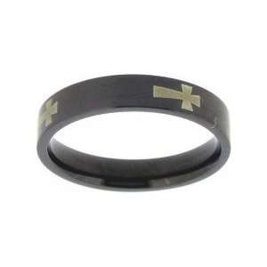  Thin Black Ring with White Malta Cross in Stainless Steel 