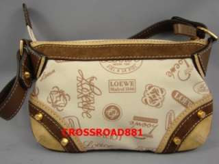 Auth Loewe Beige & Brown Embossed Cotton Hand Bag Great  