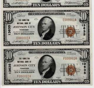 1929 Hamilton Bank Johnson City Tennessee Uncut Sheet 6 $10 bills 