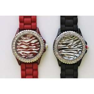 TWO Womens Geneva Red and Black Zebra Platinum Silicone Rubber Jelly 