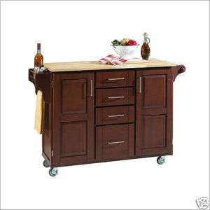 KITCHEN ISLAND CART CHERRY CABINETS w/ NATURAL WOOD TOP  
