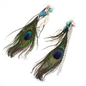   Silver Metal; Turquoise Beads; Genuine Peacock Feathers; Jewelry