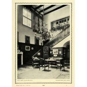  1913 Print Staircase Interior Chandelier Fireplace Den 