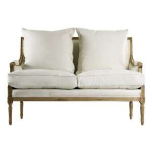  French Country Natural Oak Louis XVI White Linen Settee 