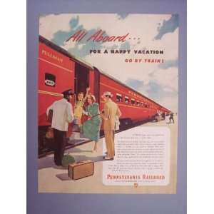 Pennsylvania Railroad print ad, all aboard. 1940s vintage magazine 