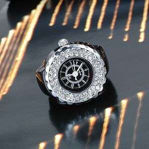 New Fashion White Crystal Decor Case black band Ring Watch Quartz 