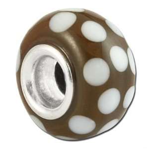  13mm Brown with White Dots Large Metal Hole Glass Beads Jewelry