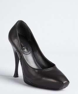 Celine black leather square toe patent heel pumps
