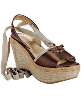 Prada tobacco satin ankle tie platform wedges  