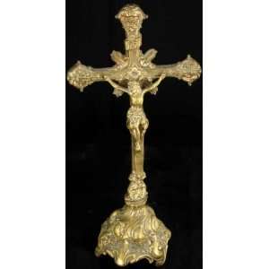 Vintage French Religious Metal Standing Crucifix Ornate Rococo Cross 