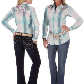 NEW Wrangler Mint & Grape Plaid Long Sleeve Ladies Lawn Shirt 