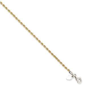   Sterling Silver & 14K 2mm Diamond cut Rope Anklet Length 10 Jewelry