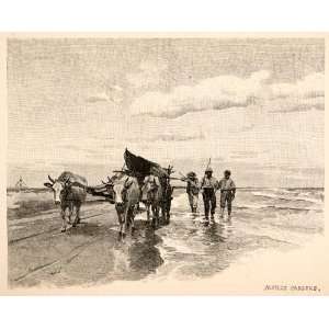 1893 Wood Engraving Black Sea Beach Oxen Cart Canoe Paddle Tide Europe 