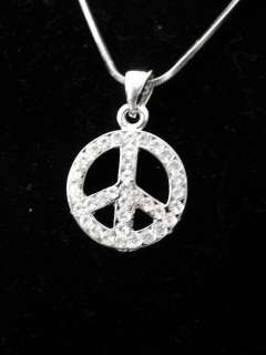 NEW PEACE SIGN NECKLACE SIN HIPPIE PACE SILVER 16 INCH RHINESTONE 