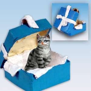Silver Tabby Blue Gift Box Cat Ornament 