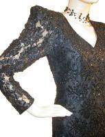 Vtg 80s DRAMATIC Sequins LACE Black FRINGE Dress S  