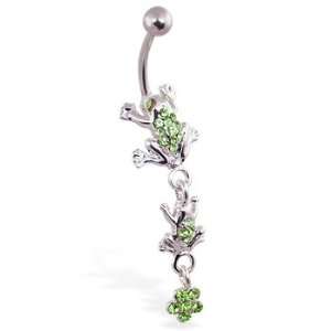  Navel ring with dangling green jeweled frogs and flower Jewelry
